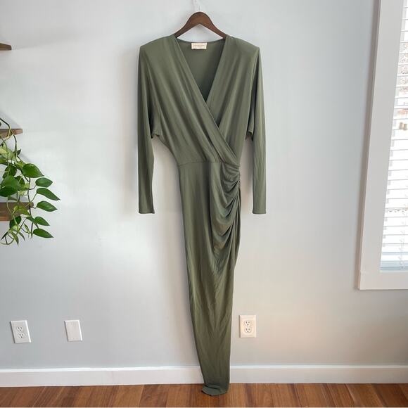 Alexandre Vauthier | Women’s Olive Green Stretch Jersey Gown Maxi Dress Ruched - Picture 3 of 14